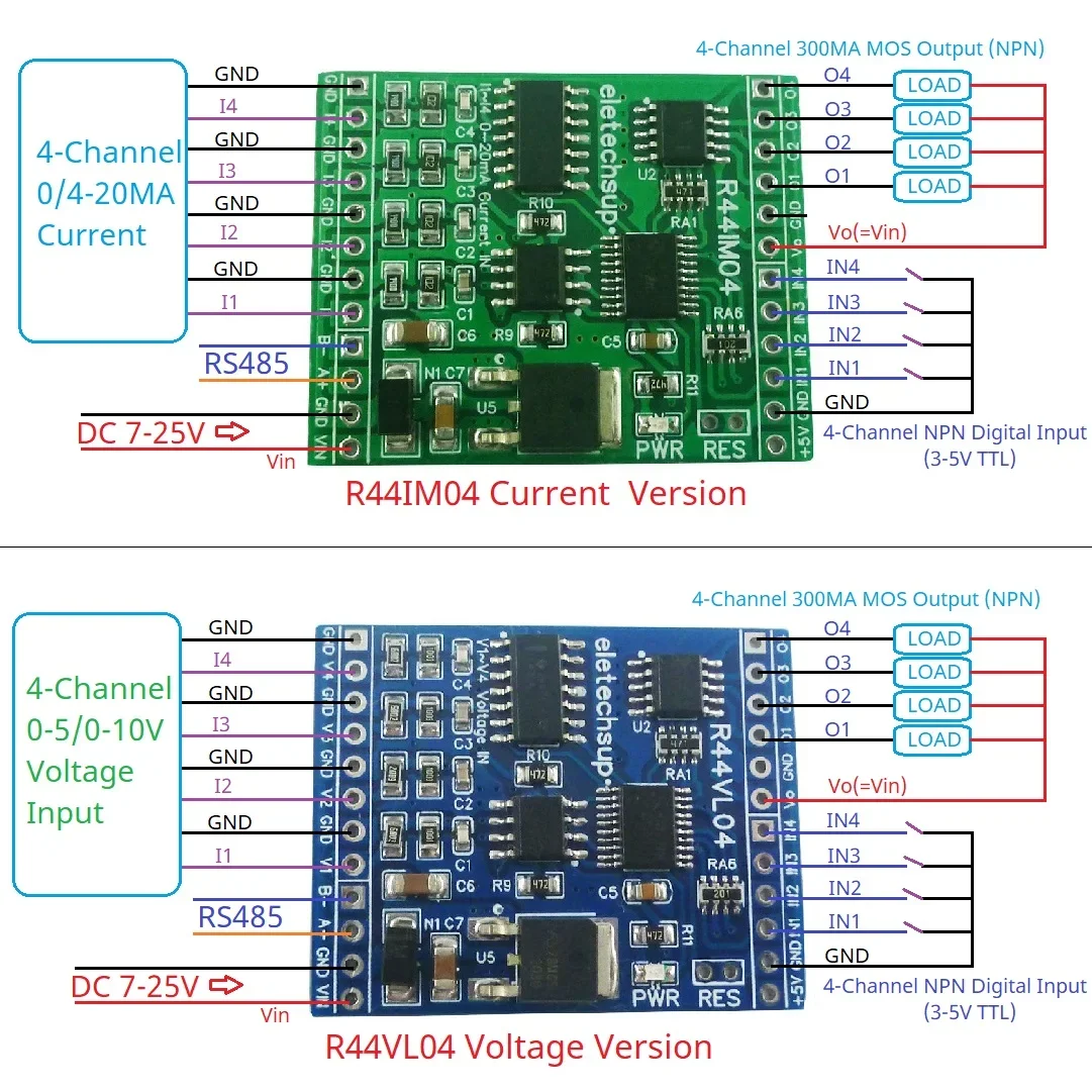 RS485 Analog Digital IO Module 12CH 12V 24V 4AI-4DI-4DO PLC Remote I/O Board Modbus RTU 01/02/03/04/05/06/15/16 Function Code