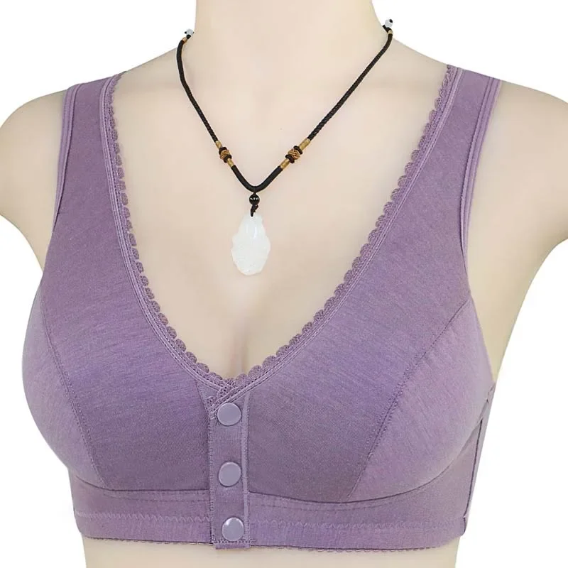 Women's Front Button Bra Soft Comfortable Cotton Breathable Fashion Solid Color Lace Elastic Vest Bra Top Without Rims Underwear