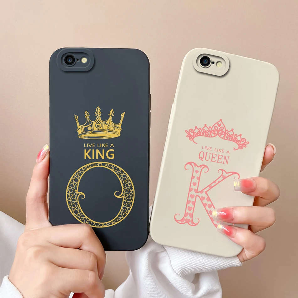 For iPhone 6 Plus Case Soft Original Liquid Silicone Shockproof Back Cover Crown 26 Letter Couple Black and White Gift Housing