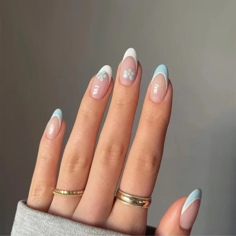 Press On Nails Nude Full-Adhesive Zinc Alloy Nails Featuring Blue Mini Flowers Count