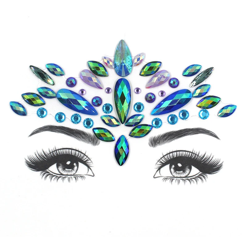 Glitter Sexy Blue Green Face Tattoo Stickers Face Jewels Crystal Temporary Tattoo Women Festival Party Stage Rhinestones Tattoos