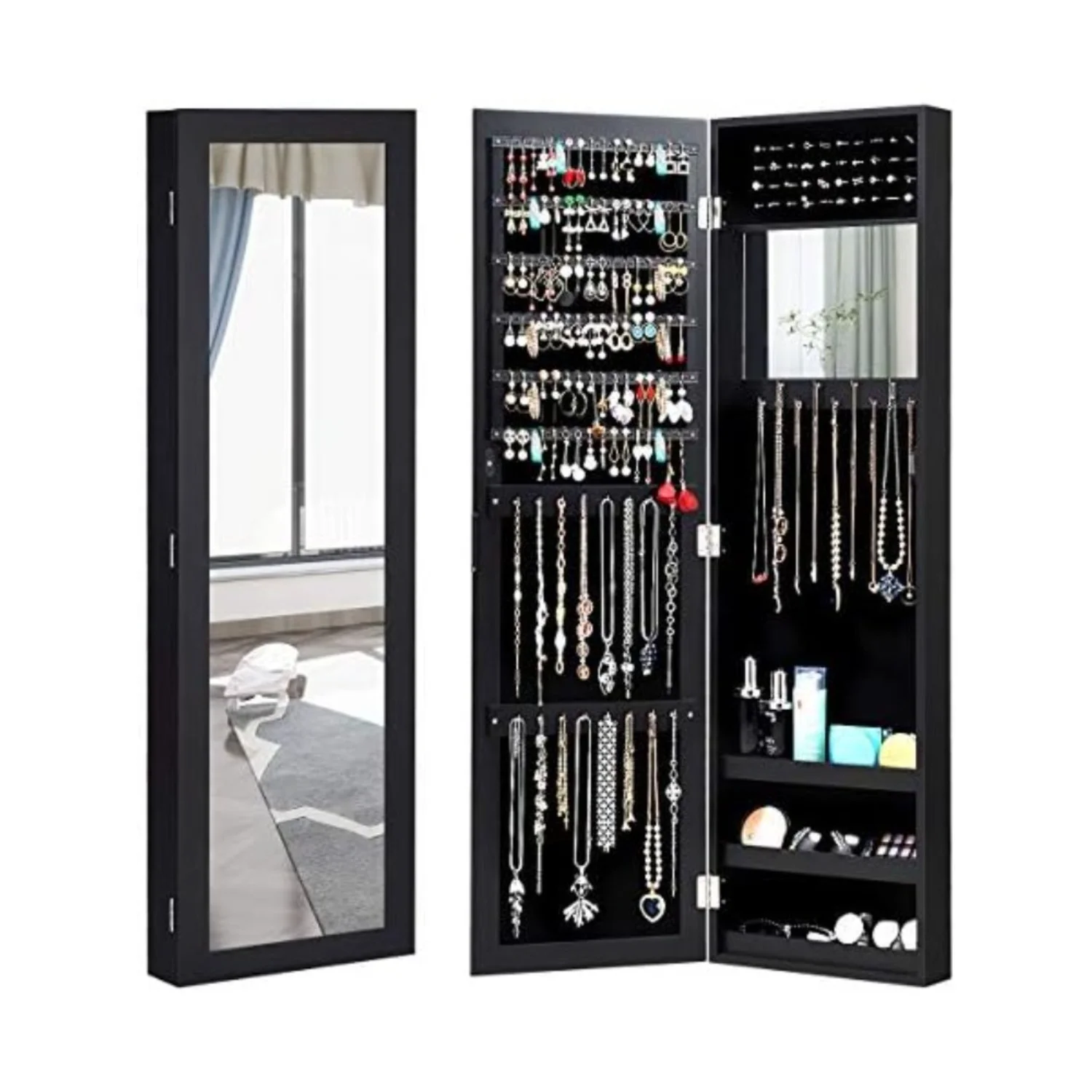 Wall Mounted Jewelry Cabinet with Full Length Mirror, Over The Door Jewelry Armoire Organizer with Large Storage