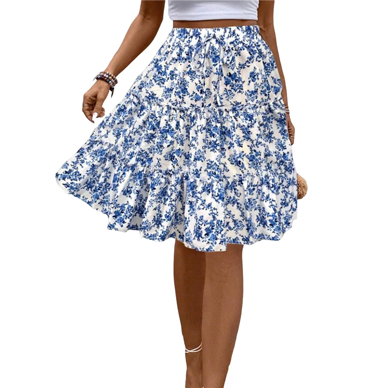 ABP-Women's Floral Print Ruffle Hem Elastic High Waist Tie Front Skirt