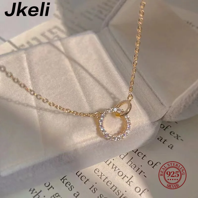 Jkeli 925 Sterling Silver Blue Ocean Hollow Round Zircon Pendant Necklace for Women Fashion Simple Wedding Choker Jewelry Gift