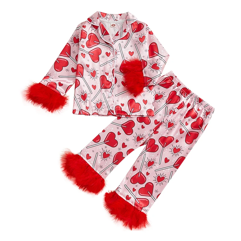 Conjunto de pijamas para el Día de San Valentín para niñas, camisas de manga larga con estampado de corazón, Tops, pantalones largos, traje de salón de 2 piezas, ropa de dormir