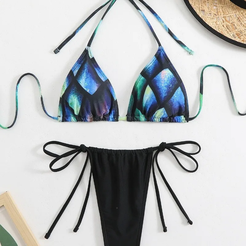 2026 Sexy Fish Scale Print Two Piece Bikini Set Women Backless Tie Side Slimming Summer Pool Vacation Swimwear