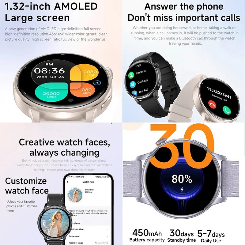 2025 New Lady Fashion Smart Watch Women 1.32" AMOLED Screen GPS Sports Mode Heart Rate Bluetooth Call 3ATM Waterproof Smartwatch