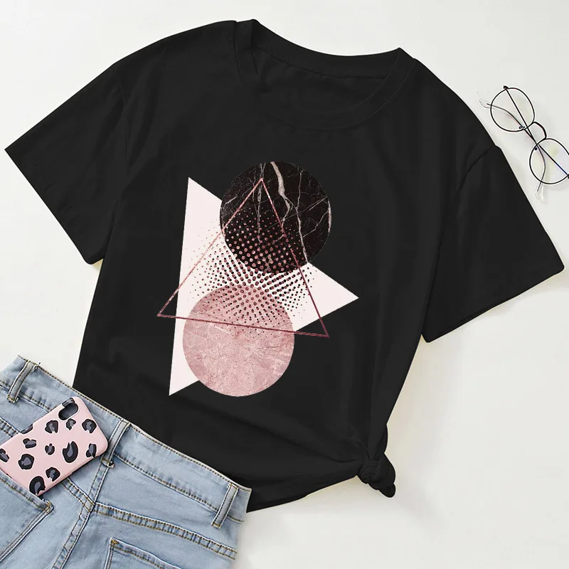 Cartoon Geometric Patterns Graphic T Shirt Top Women Tops O-Neck Sexy Black Tees Ladies Watercolor Aesthetic Trend Tshirts Tops