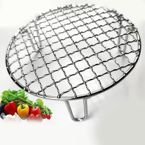 1pc Stainless Steel Round Grid Net Barbecue Net Baking Tray BBQ Grid With Leg With Foot Outdoor Camping Barbecue Stand Net
