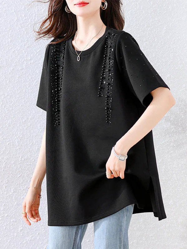 

Ele Beaded Design Loose Fit Women's T-irt Summer New Sle Agel Meat Concealing Top Quali Commute Vintage Sle