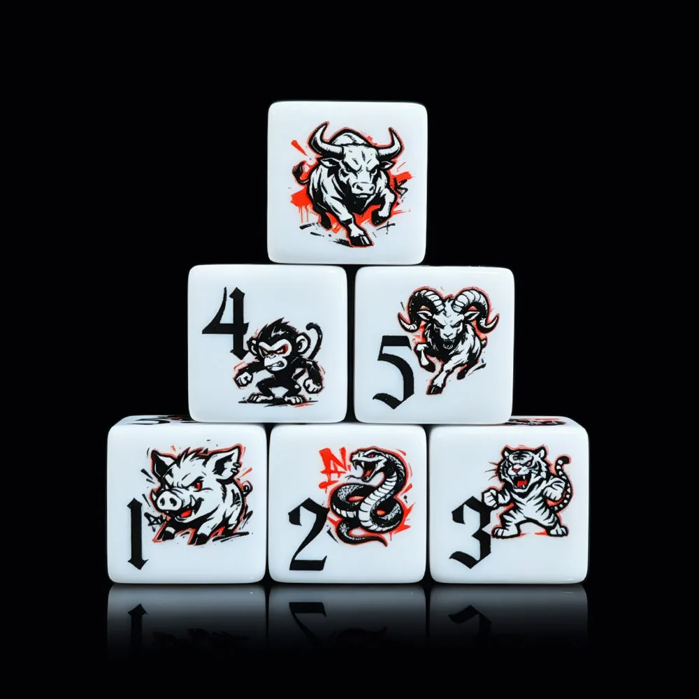 12 Stück bedruckte chinesische Tierkreis-Tierwürfel, D6-Würfel, 16 mm, weißes Acryl, sechsseitige Würfel mit Tiger-, Ochsen-, Schlangen-, Schweine-, Affen- und Ziegenmuster für RPG und DND