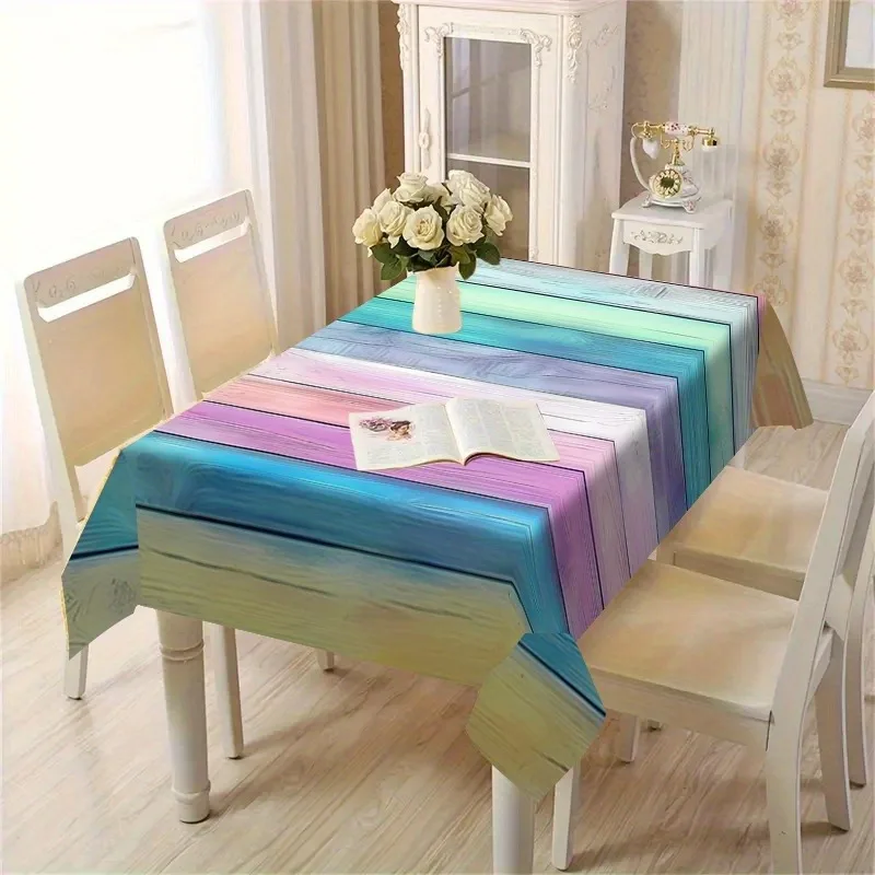 Classic rainbow-colored wood-grain pattern tablecloth - Woven rectangular tablecloth with bright blue color, etc.