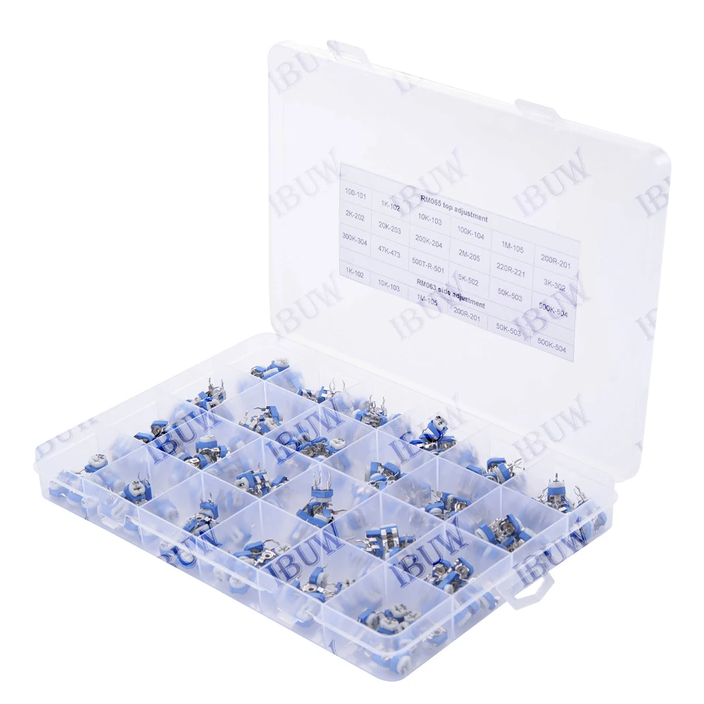 

Новый набор из 240 (24 значения * 10 шт.) горизонтальных триммерных потенциометров RM065 100R - 2M и RM063 с углеродной пленкой, переменные резисторы