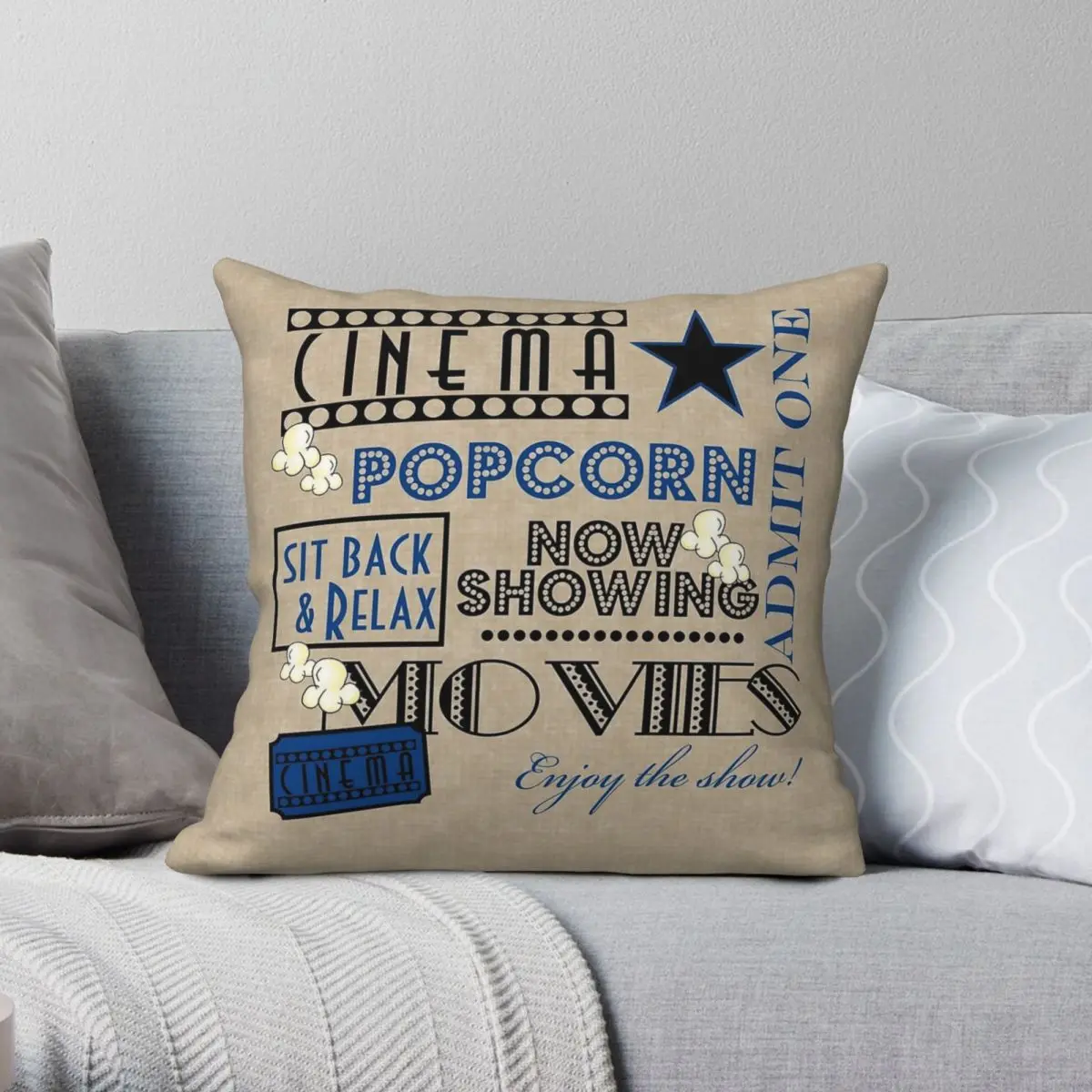 

Movie Theater Cinema Admit One Square Pillowcase Polyester Linen Velvet Creative Zip Decor Car Cushion Case 18"