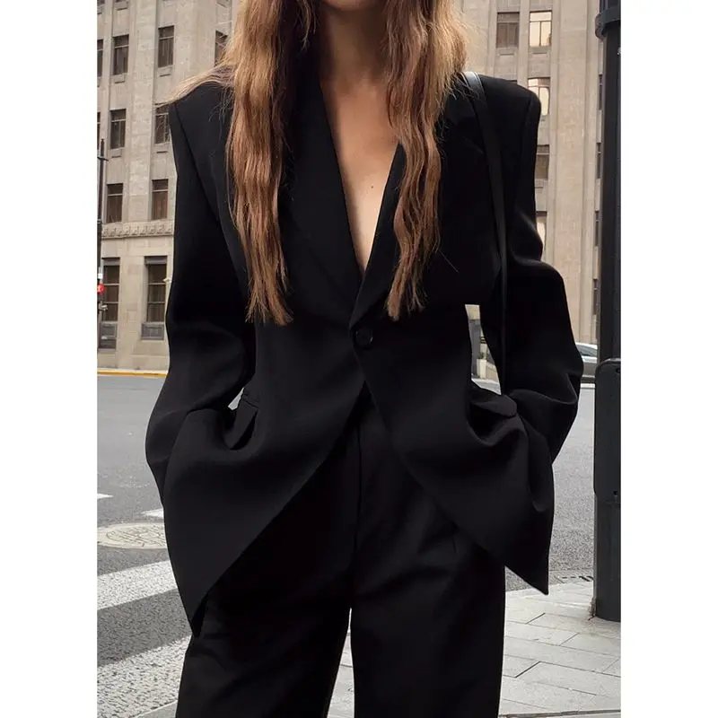 

Combhasaki Women Office Lady Long Sleeve Blazers Solid Color Suit Jacket Casual Single One Button Deep V-Neck Slim Tailored Coat