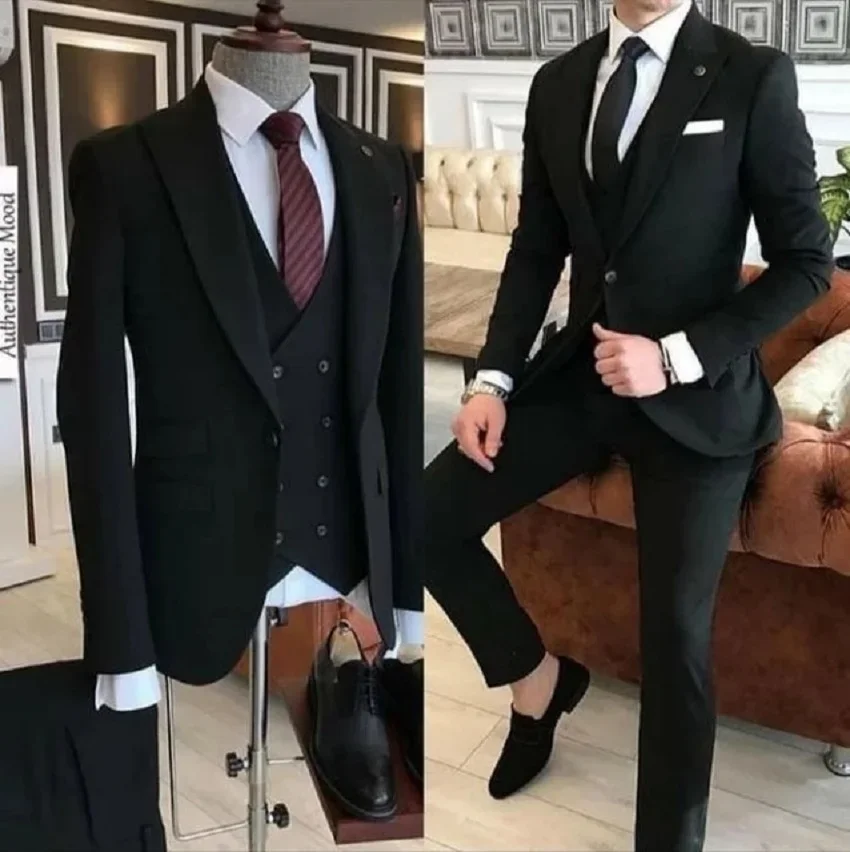 

Black Slim Fit Men Suits 3 Pieces Tuxedos Groom Wedding Tuxedo Terno Masculino De Pour Hommes Blazer(Jacket+Pants+Vest)