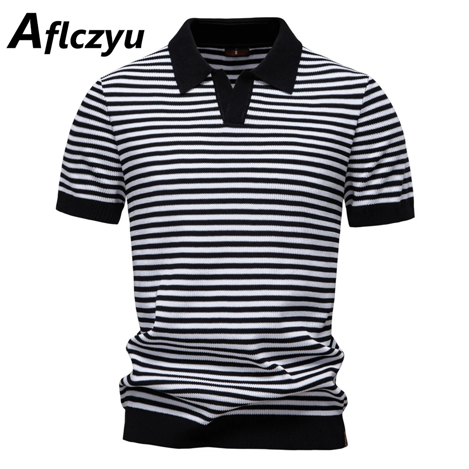 

Knitted Polo Shirt Men Summer Short Sleeve Stripe Polo Shirt Fashion Casual Stripe Knit Tops Male