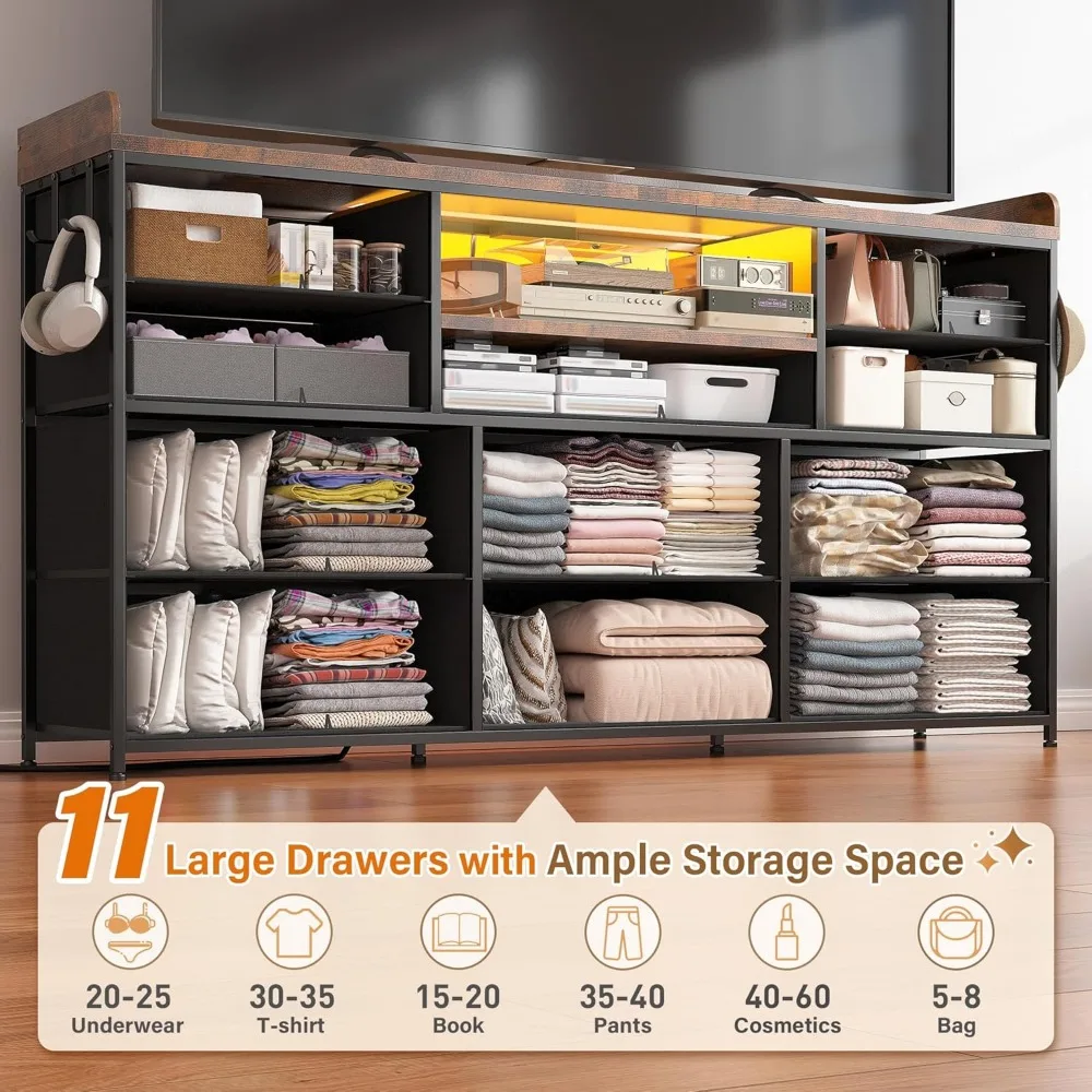 حامل تلفزيون بإضاءة LED 60 مع منافذ طاقة و11 درجًا لغرفة النوم، وخزانة طويلة مع رفوف للتخزين الحديث #4