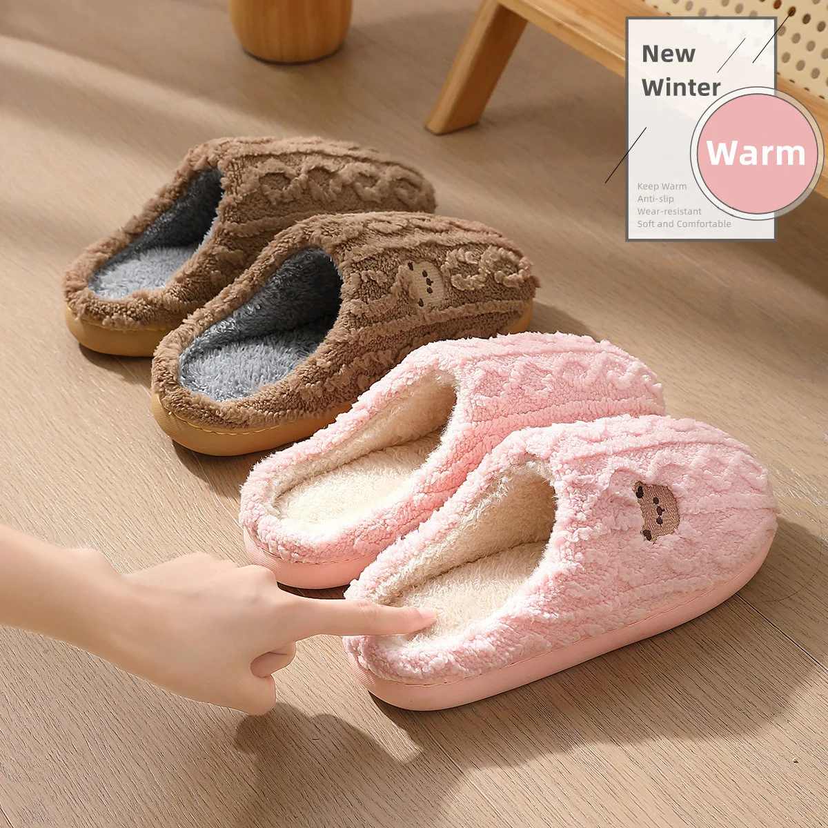 New Home Slippers Striped Design Women Winter Soft Sole Anti Slip Cotton Shoes Men Indoor Warm Plush Slides Bedroom Fluffy Flats