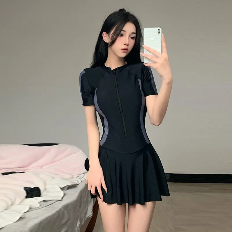Women One-piece Swimsuit Korean Fashion Sports Swimwear Slim Short-sleeved Skirt Bathing Suit Beach Wear Swimming Suit for Women - Image 4