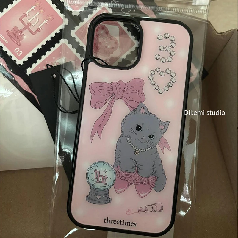 Korean Pink Bowknot High Heels Cat Phone Case For iPhone 17 Air 16 Pro Max 15 14 Plus 13 12 11 Shockproof Silicone Back Cover