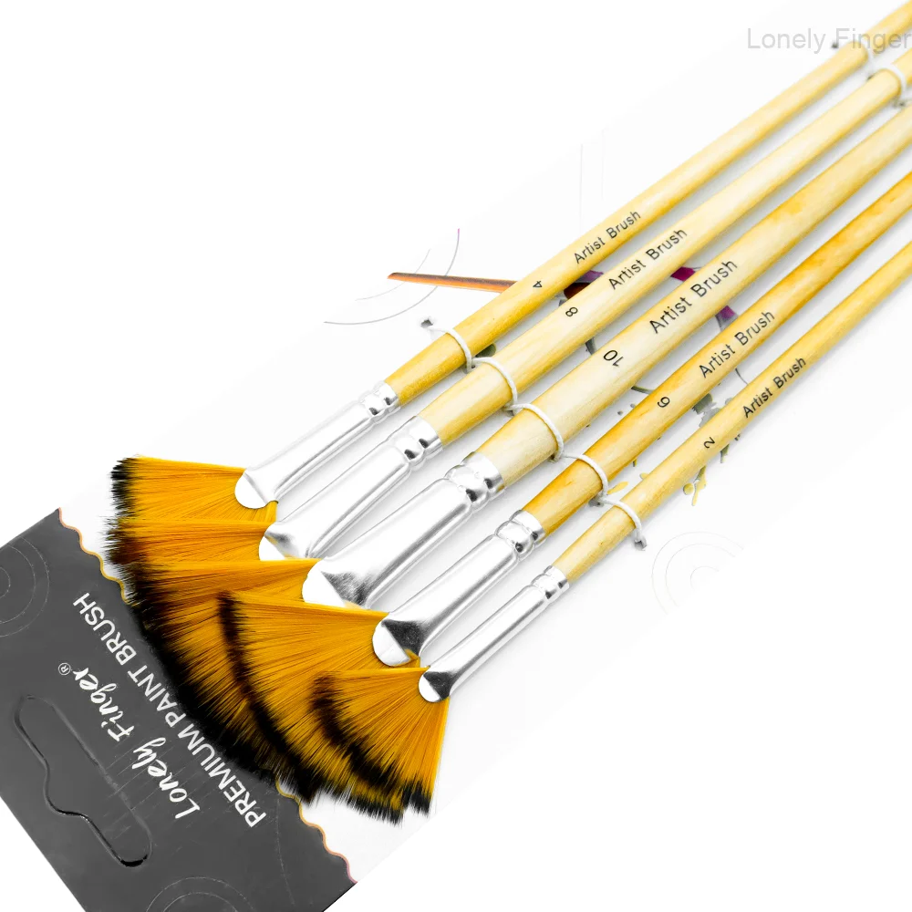 5 قطع من فرش المروحة، فرشاة طلاء للرسم بمقبض خشبي، مجموعة فرش شعر من النايلون لزيت الأكريليك والألوان المائية