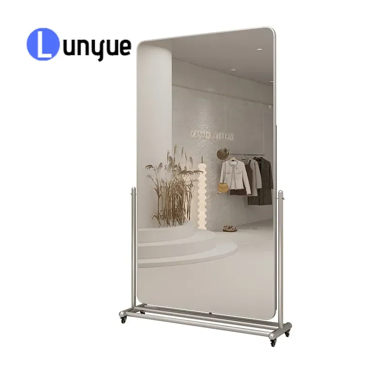 Mobile Floor Mirror with Rollers Full Body Fitting Mirror HD Explosion Proof Rounded Corner for Clothing Store Household