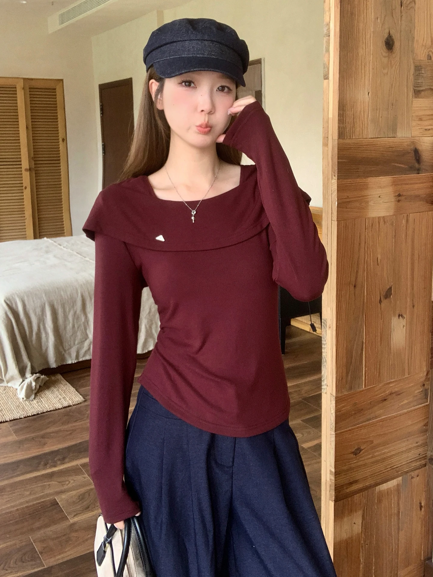 

Slimming Effect Long Sve T-irt Women's Spring New Sle plus Size Square Collar Base irt Top Comfortable Korean Sle