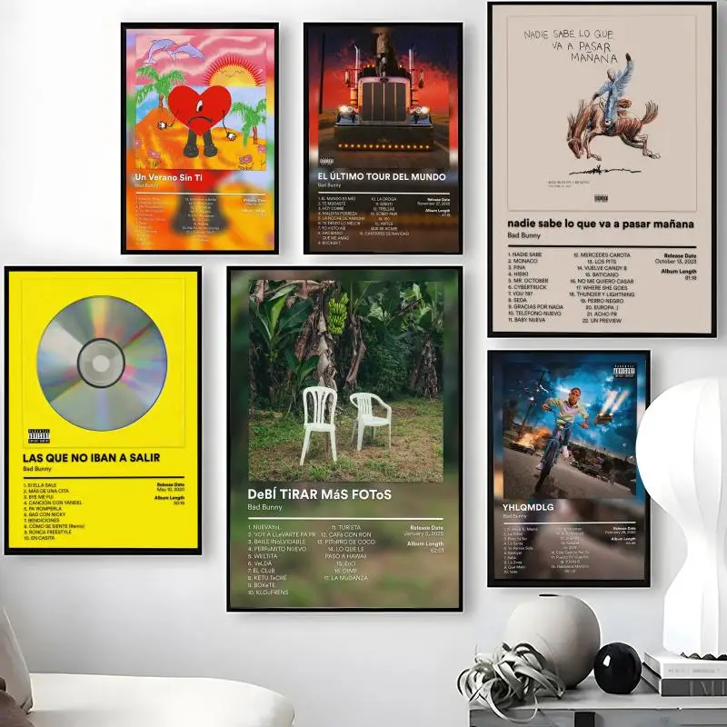 Singer B-Bad B-Bunny Poster Waterproof Self-Stick Wall Art Stickers, Removable Wall Decor for Living Room and Bedroom
