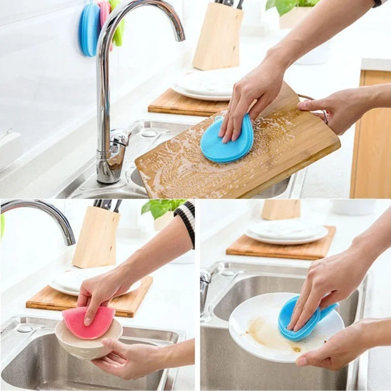 Brosse de nettoyage multifonctionnelle en silicone, éponge à vaisselle, brosse à fruits et légumes, vaisselle, gadgets de cuisine