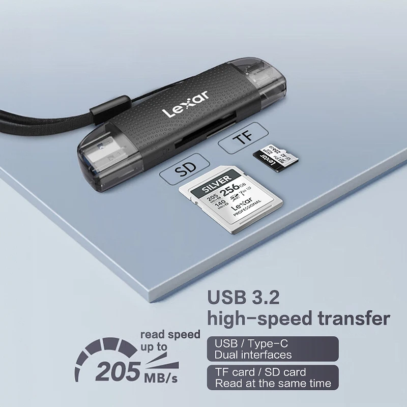 قارئ Lexar ثنائي الفتحة USB-A USB-C يصل إلى 205 ميجا بايت/ثانية قارئ بطاقات SD USB 3.2 وقارئ بطاقات Micro SD للكمبيوتر والهاتف