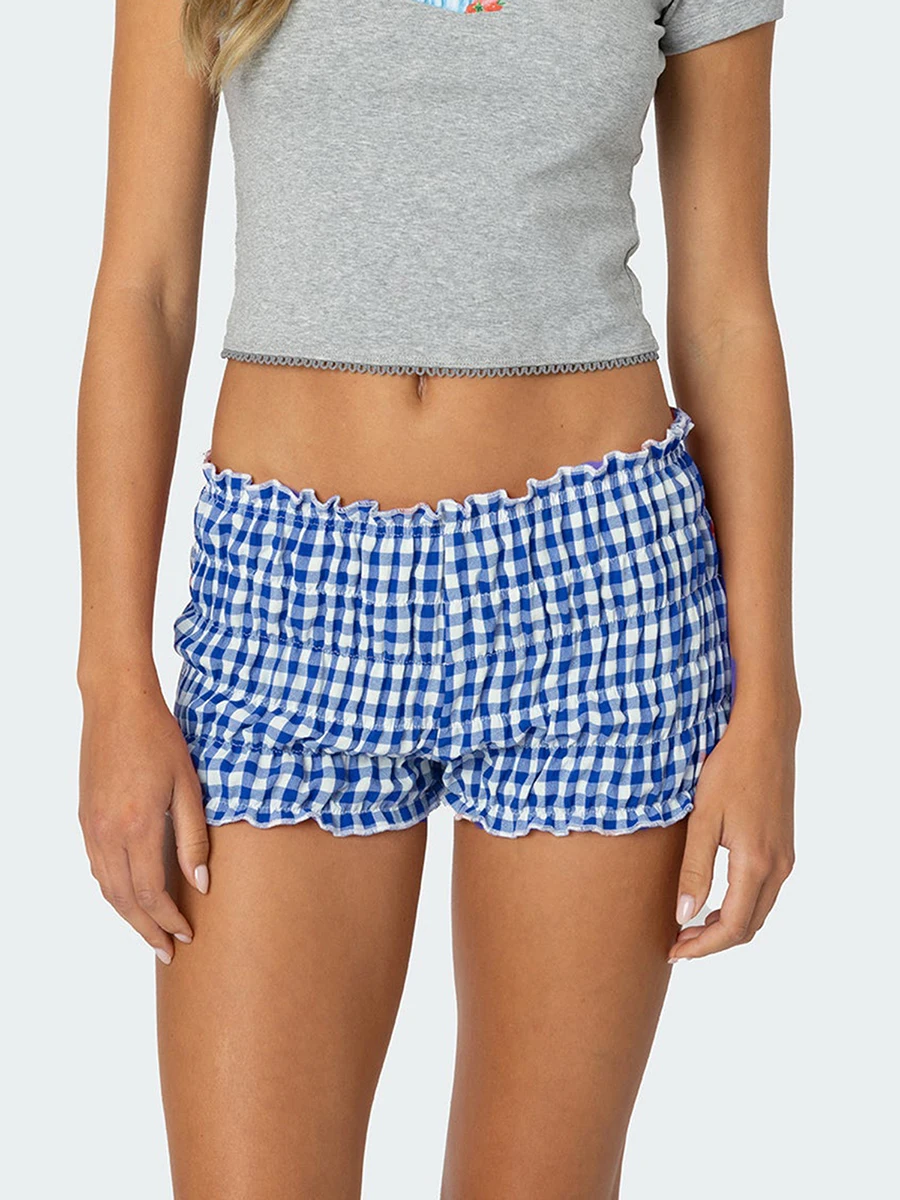 Women Y2K Gingham Boy Shorts Ruffle Hem Frilly Shorts Smocked Ruched Shorts Low Rise Micro Shorts Plaid Pj Bottoms