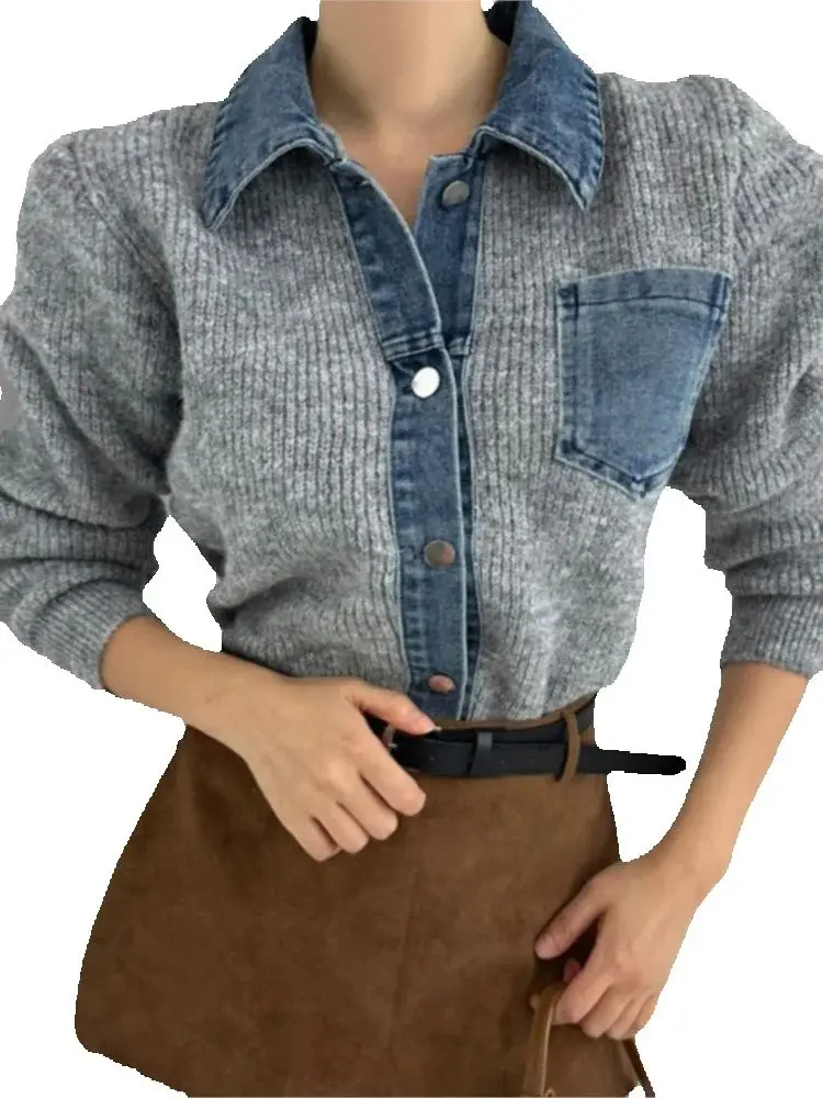 

Autumn Knitted Cardigan Women Denim Patchwork Fashion Ladies Cardigans Korean Style Loose Casual Woman Sweater Coats