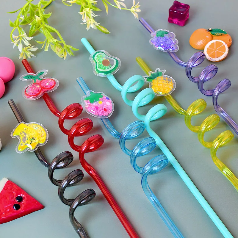 16-Pack Fruit-Shaped Straws: Reusable, food-grade plastic spiral drinking straws, perfect for birthday party decorations