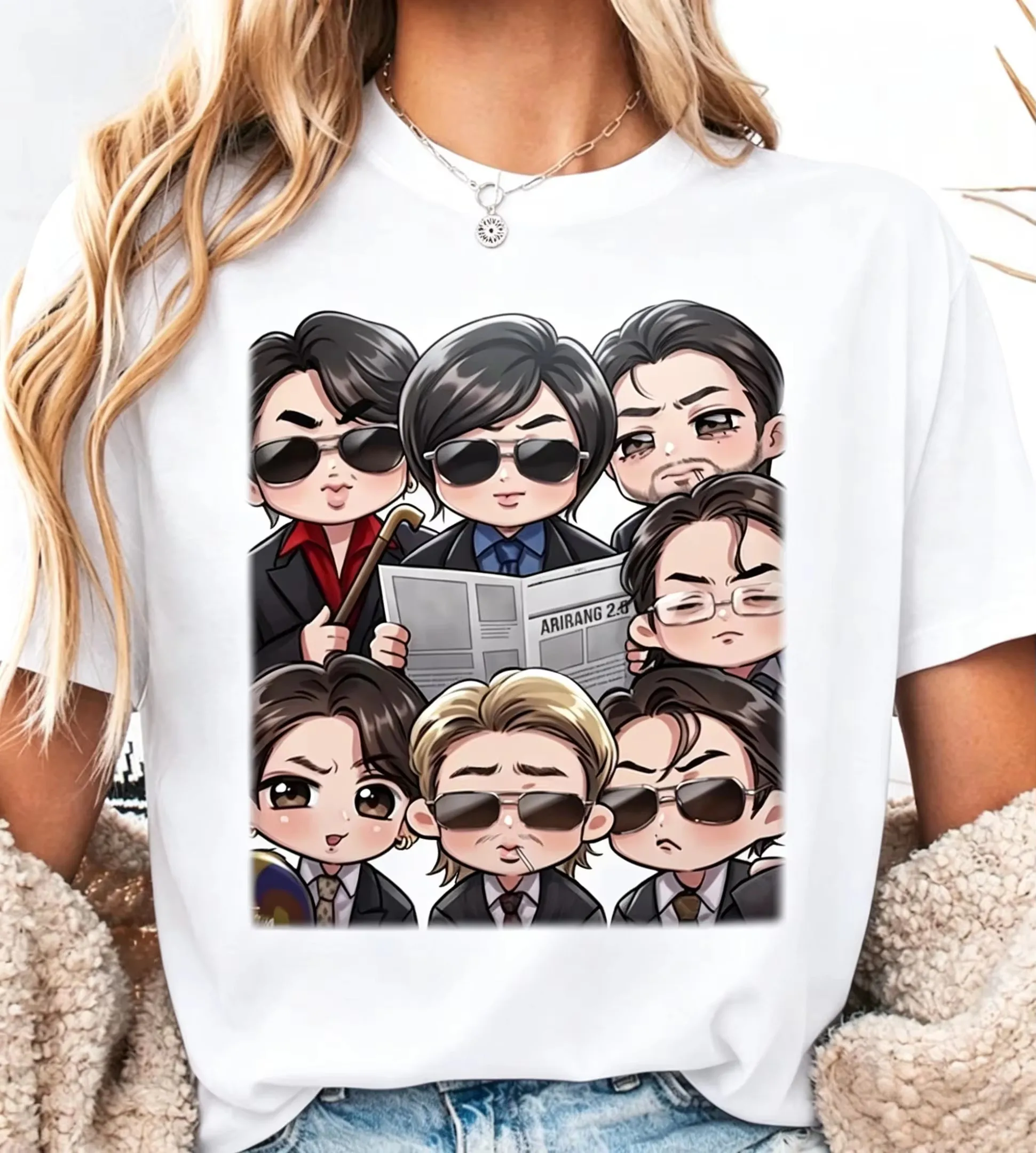 Camiseta de Algodão Estampada Versão Q de Bandas K-Pop Coreanas, Nova Coleção Verão 2026, Camisa Solta Unissex