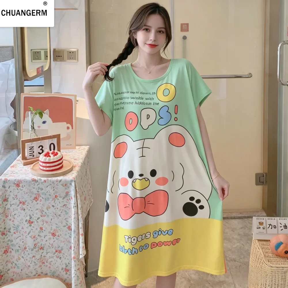 CHUANGERM Girls Women Cute Cartoon Short‑Sleeved Summer Autumn Cool Comfortable Home Wear Pajama Dress