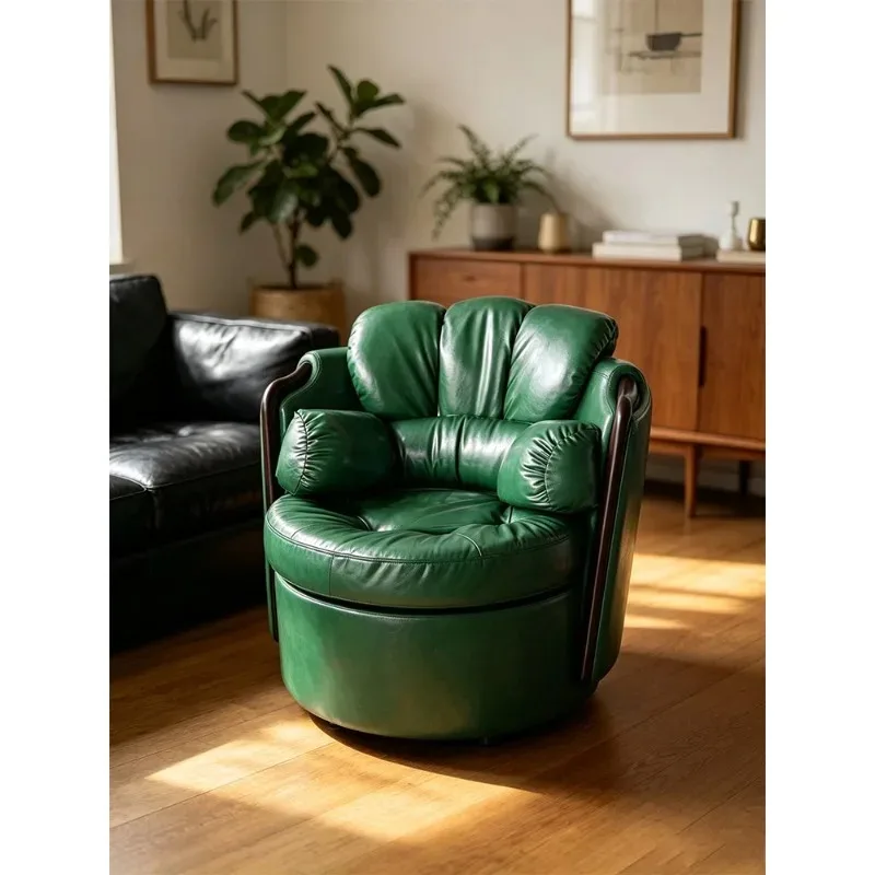 Medieval style rotating leisure chair tea table master chair top layer oil wax cowhide single sofa chair
