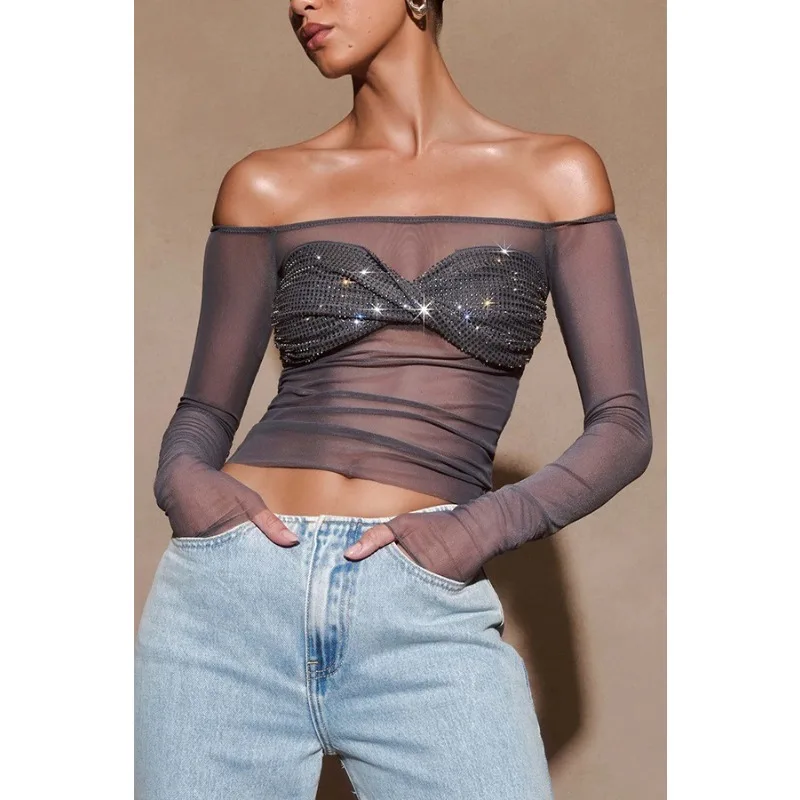 

Sexy Women Mesh Sheer Crop Top with Sequins Off Shoulder Long Sleeve See Through T-shirt Clubwear Streetwear