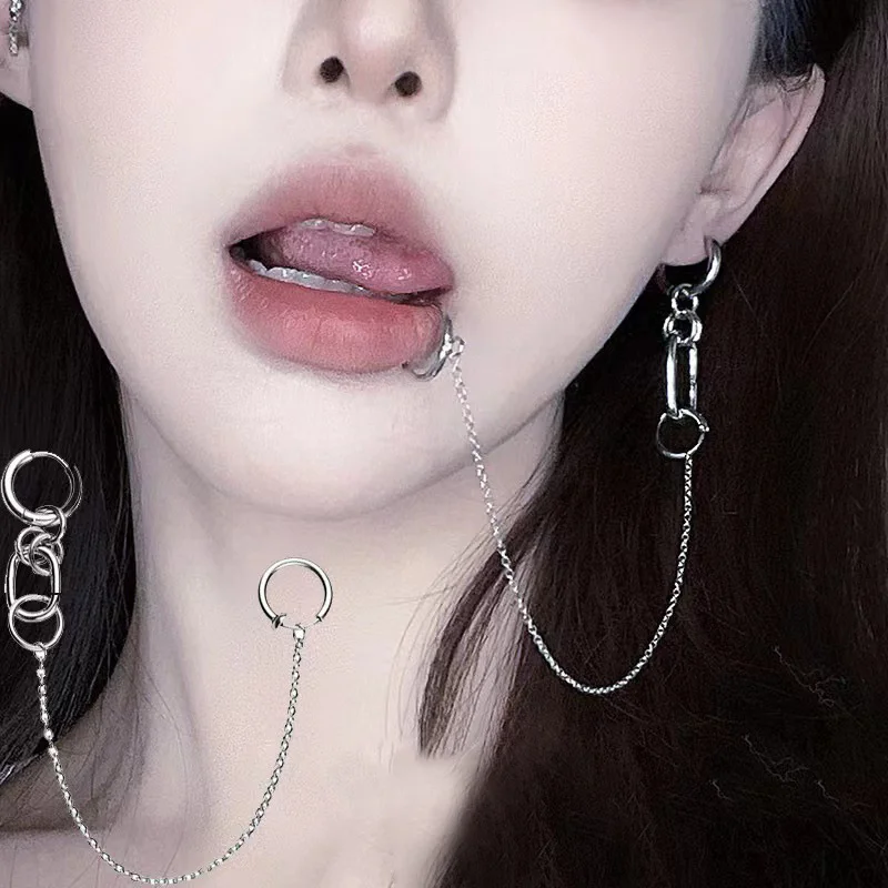 Cool Style Fake Piercing Lip Clip Earring Punk Chain Linked Earrings Hinged Lip Ring For Women Men Fashion Jewelry Accessories