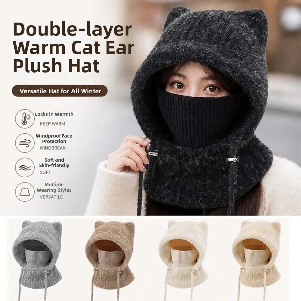 Japanese Style Cap Windproof Cat Ears Beanie Thickened Elastic Hooded Scarf Hat Crochet Integrated Mask Neck Warmer Skiing