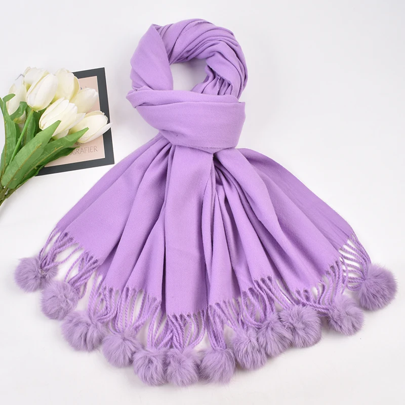 Autumn and Winter New Rabbit Hair Ball Soft Long Scarf Women\'s Mid length Solid Color Shawl