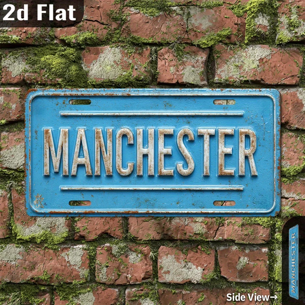 2D Flat,1pc 2D Flat Posters2D Flat, Retro Manchester Sign-Ping Pong Blue Wall Art with White Letters,Great for Garage,Front Yard