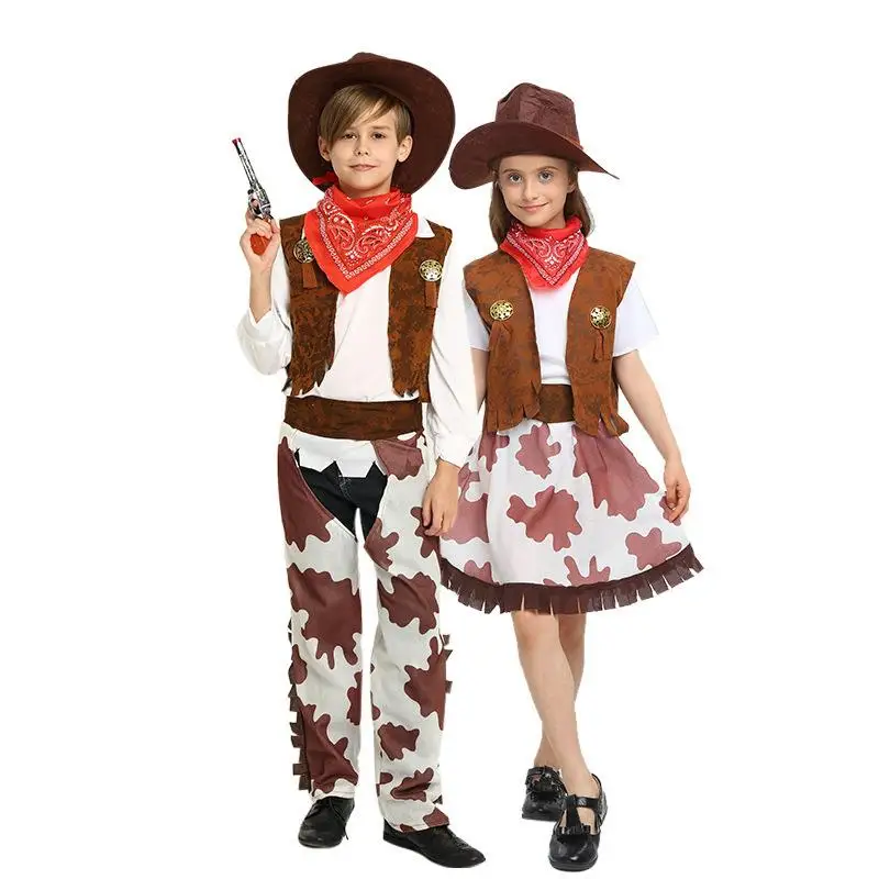 

loween Western Cowboy Costume Children's Dance Par Outfit Vest Set Floral Pattern PU Material KTV Formal Wear
