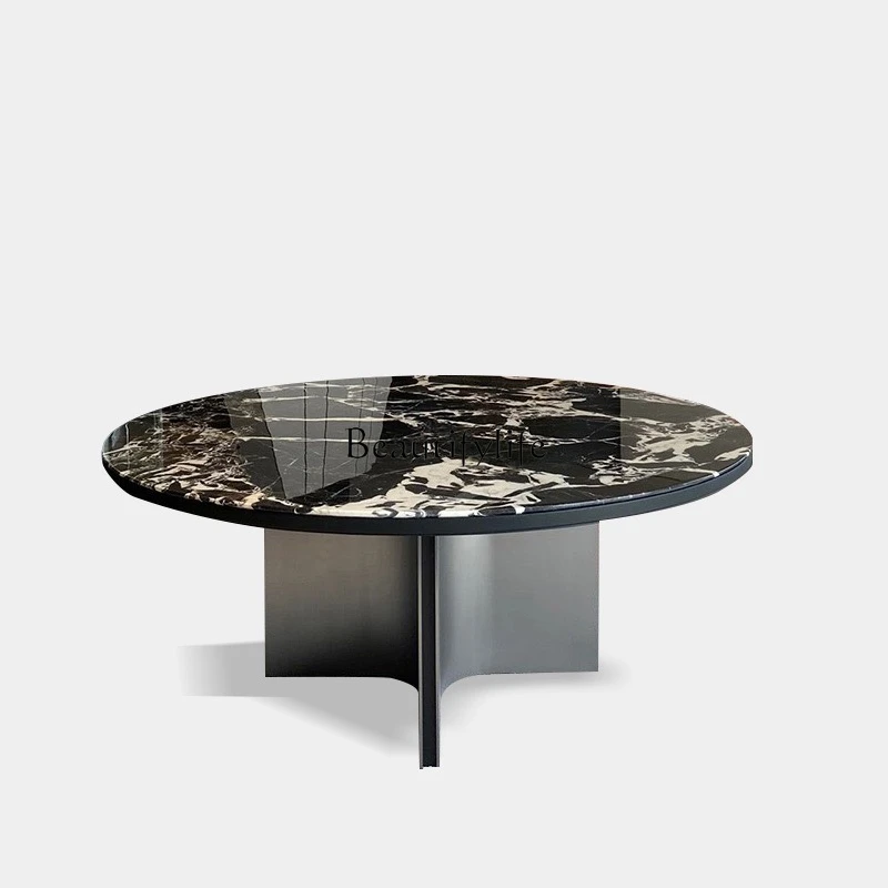 

Black natural marble round dining table high-end Italian light luxury household dining table