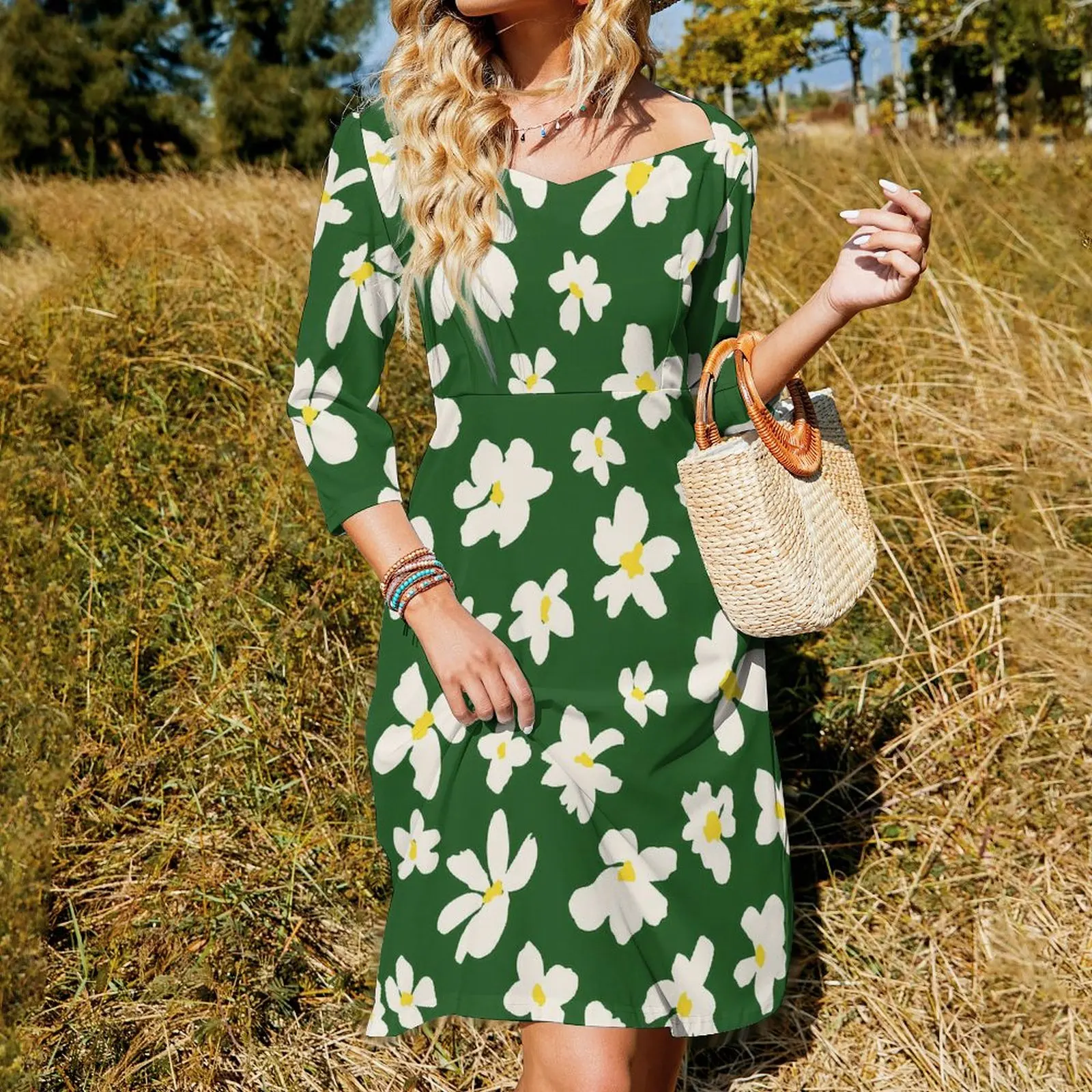 Daisies Floral Print Casual Dress Female White Flowers Streetwear Dresses Sexy Cute Dress Custom Clothes Big Size