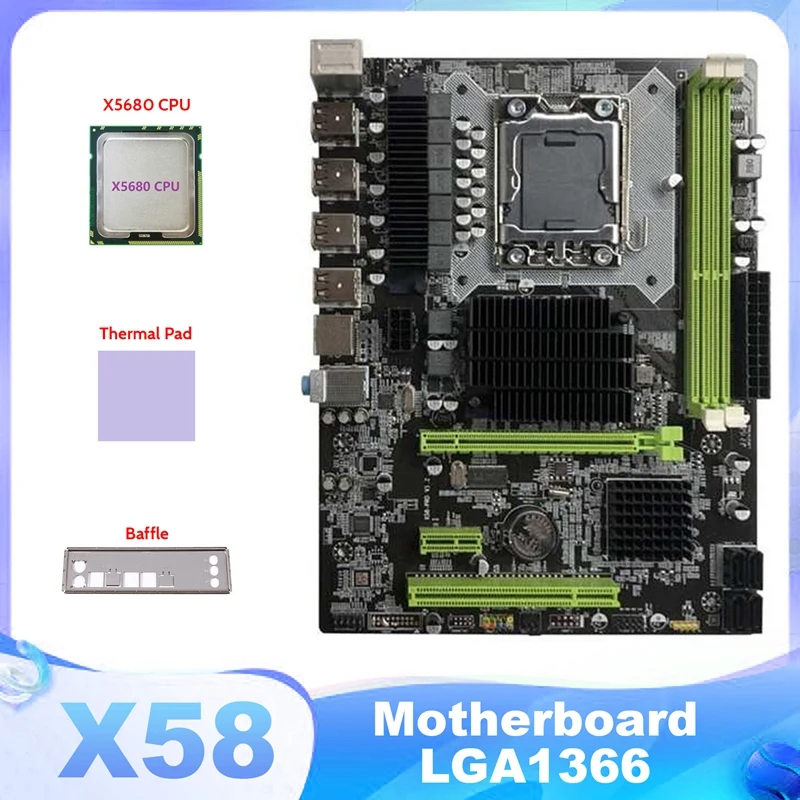 

Материнская плата X58 LGA1366 для компьютера, поддержка DDR3 ECC памяти, с ЦП X5680 и термопадом