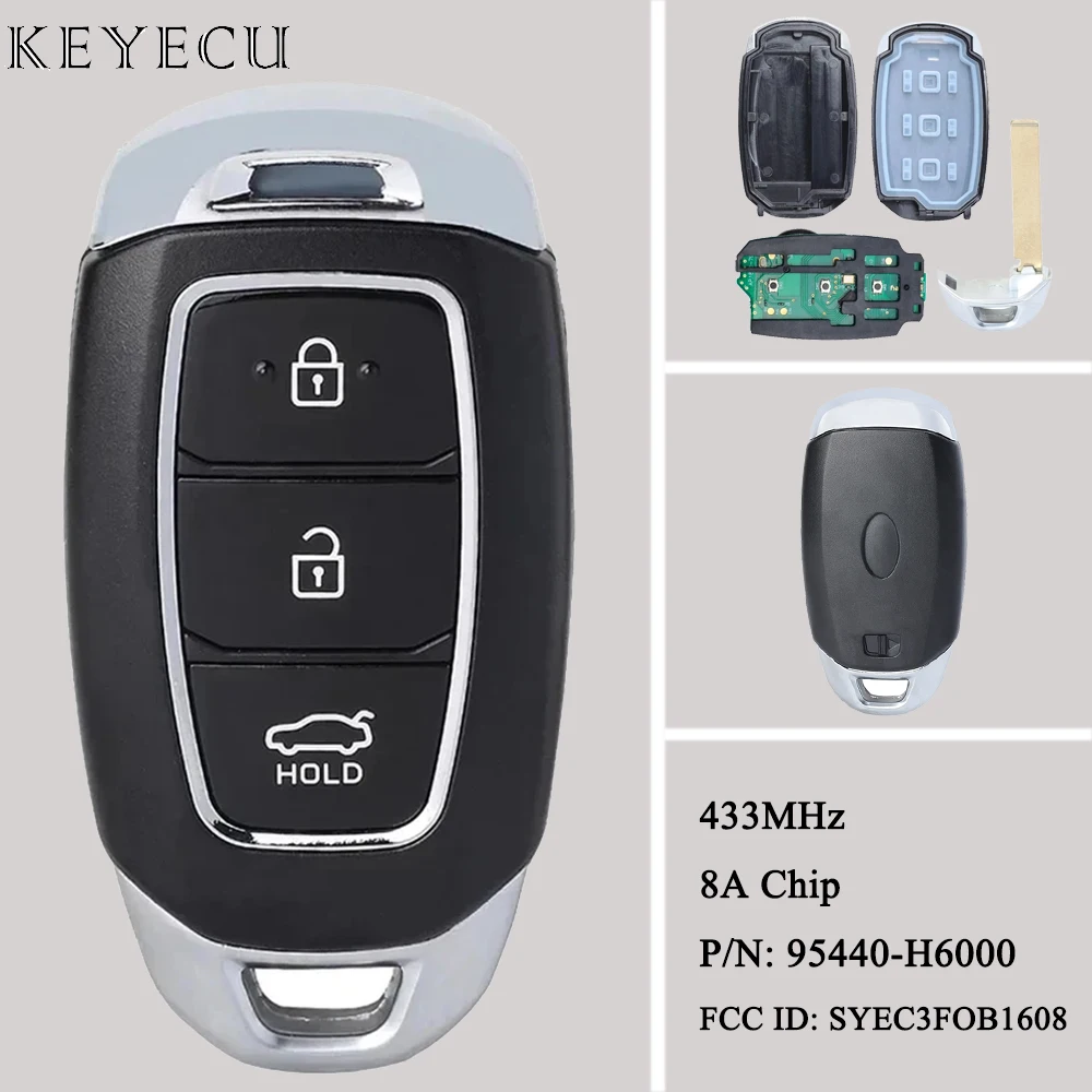 Keyecu dla Hyundai akcent 2018 2019 2020 2021 inteligentny pilot z kluczykiem samochodowym 433MHz z chipem 8A P/N: 95440-H6000 FCC ID: SYEC3FOB1608