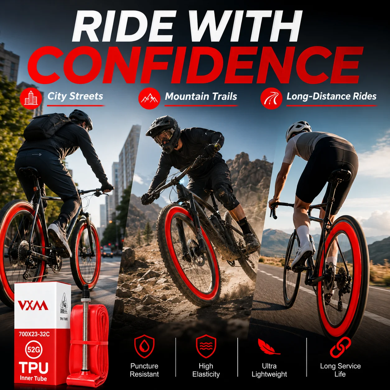 4-Pack. Upgraded Road Bike TPU Inner Tube 700C X 23C/25C/28C/32C Copper Alloy Valve with Thickened Handlebar. Riding Accessories