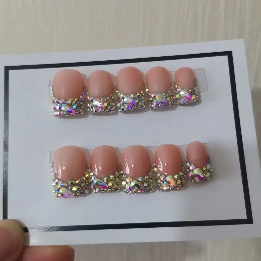 French Style Nail Tip Press-On 10pcs Set Artificial Fake Nails for Fingers Wholesale Custom Luxury Bling Stones