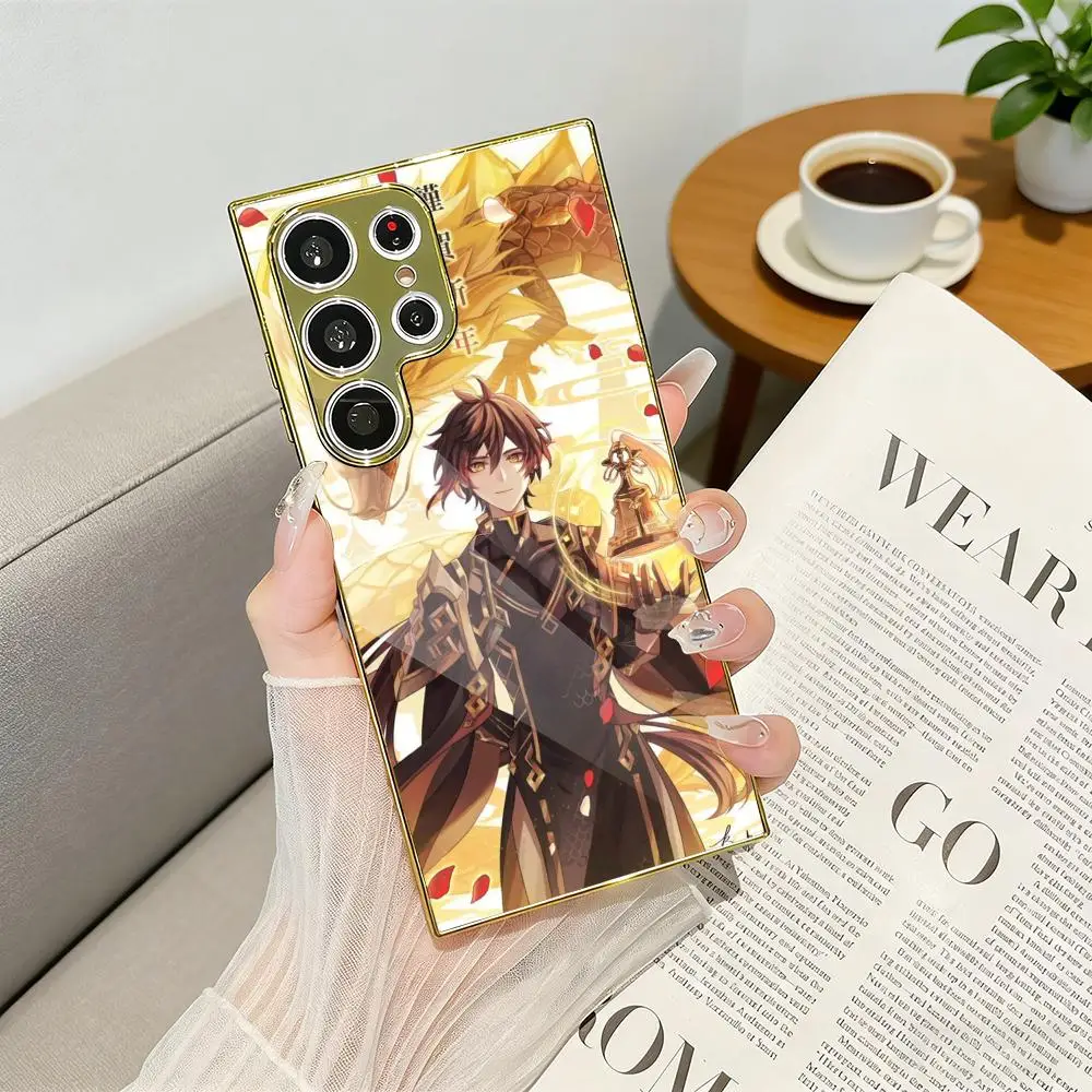 Zhongli Genshin Impact Cool Phone Case Electroplated Metal Frame Case For Samsung Galaxy S25 S24 S23 Ultra Funda